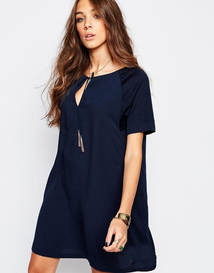 First & I Tie Detail Shift Dress - Navy