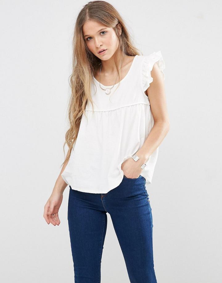 Qed London Corduroy Swing Top With Frill Sleeve - Ivory