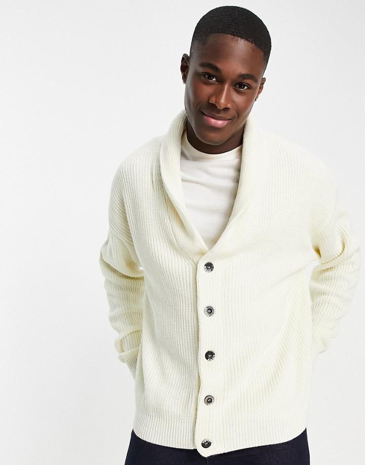 New Look Fisherman Rib Shawl Neck Cardigan In Off White