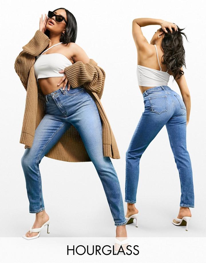 Asos Design Hourglass High Rise Farleigh 'slim' Mom Jeans In Authentic Midwash-blue