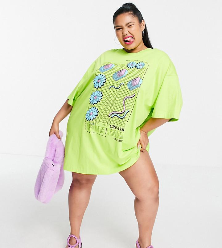 Collusion Plus Exclusive Flower Graphic T-shirt Dress In Lime-green