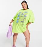 Collusion Plus Exclusive Flower Graphic T-shirt Dress In Lime-green