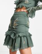 Asos Design Embellished Floral Mini Skirt In Fil Coupe - Part Of A Set-green