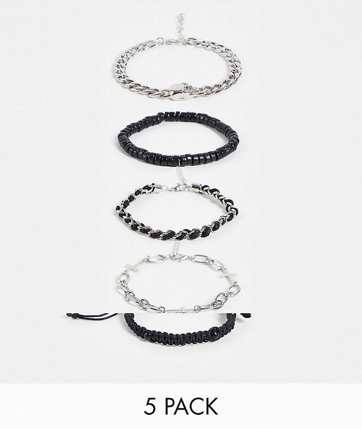 Bershka 5-pack Bracelets In Silver And Black-multi