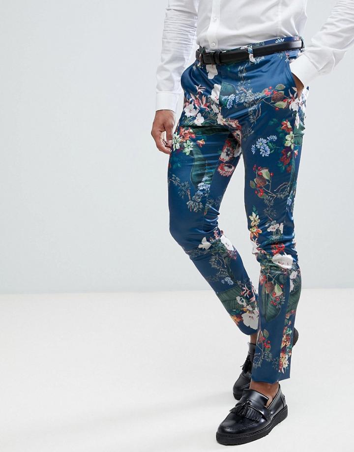 Asos Super Skinny Suit Pants In Blue Floral Print - Blue