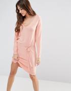 Lavand Waist Tie Long Sleeve Dress In Nude - Nude