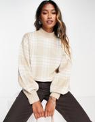 Violet Romance Fluffy Knit Oversized Sweater In Neutral Plaid