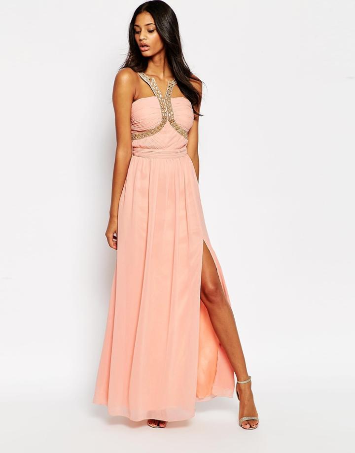 Little Mistress Halterneck Maxi Dress With Embellished Straps - Peach