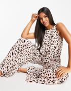 Asos Design Tie Shoulder Wide Leg Beach Jumpsuit In Sketch Animal Print-multi