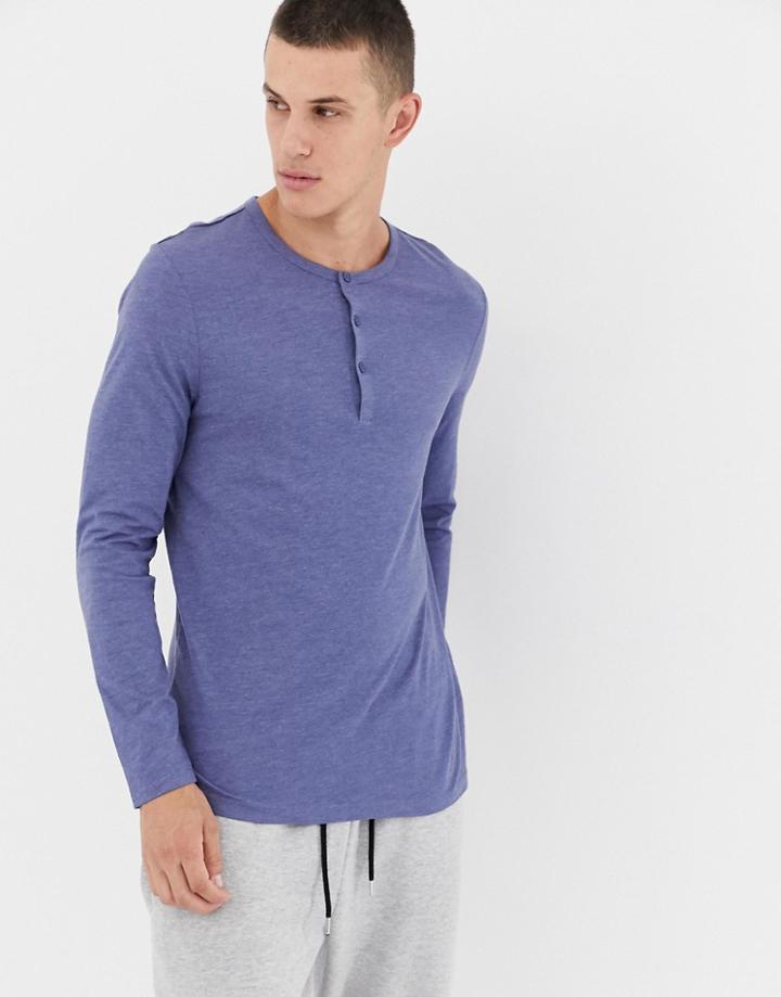 Asos Design Long Sleeve T-shirt With Grandad Neck In Blue - Blue