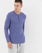 Asos Design Long Sleeve T-shirt With Grandad Neck In Blue - Blue