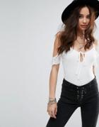 Honey Punch Cami Body In Delicate Lace With Ruffle Tie - White