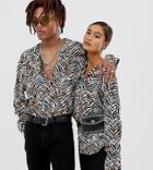 Collusion Unisex Oversized Zebra Print Revere Shirt-brown