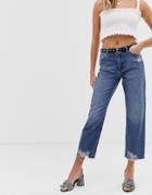 Miss Selfridge Recycled Denim Straight Leg Jeans With Ripped Hem In Mid Wash-blue