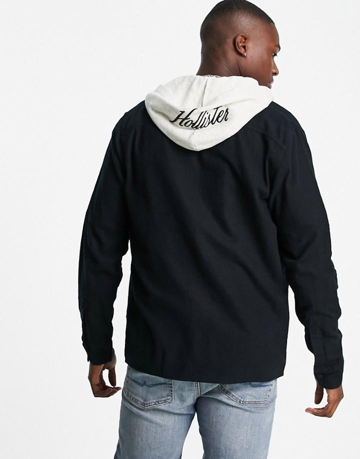 Hollister Logo Sweat Hood Rayon Twill Overshirt In Black