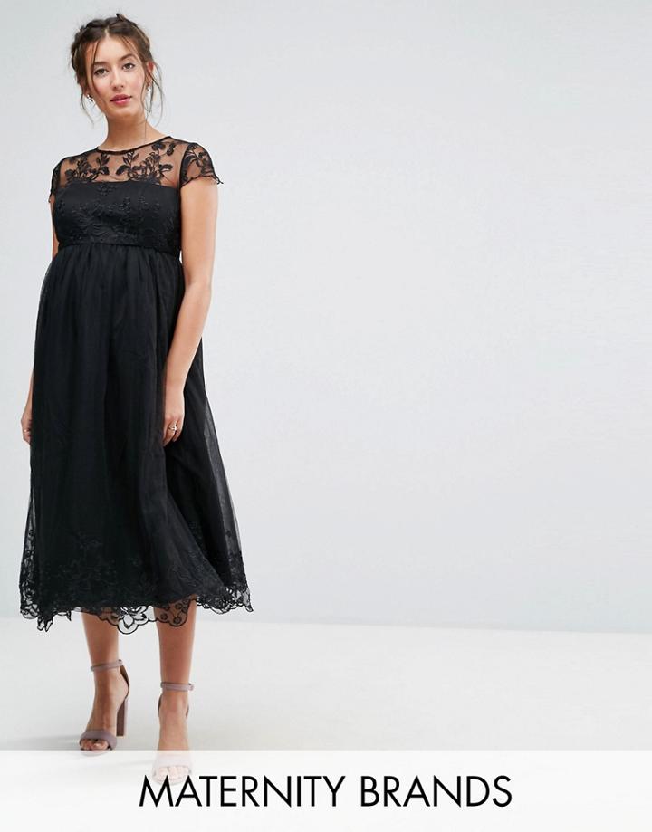 Chi Chi London Maternity Premium Lace Midi Prom Dress With Lace Neck - Black