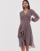 Asos Design Wrap Waist Midi Dress With Double Layer Skirt And Long Sleeve-multi