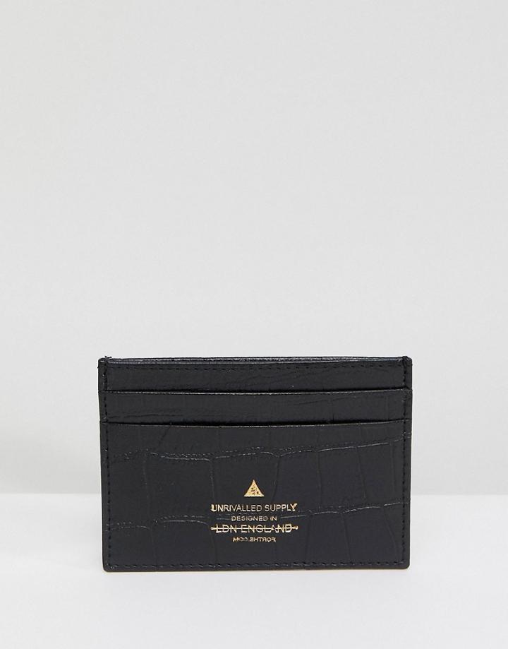 Asos Leather Card Holder In Black With Crocodile Emboss And Gold Logo Emboss - Black