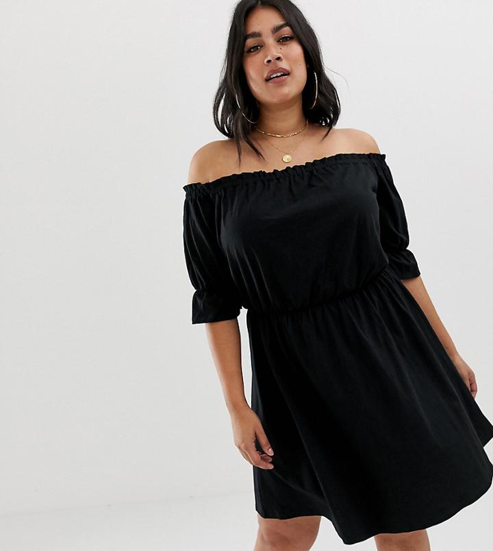 Asos Design Curve Off Shoulder Mini Sundress With Puff Sleeve - Black