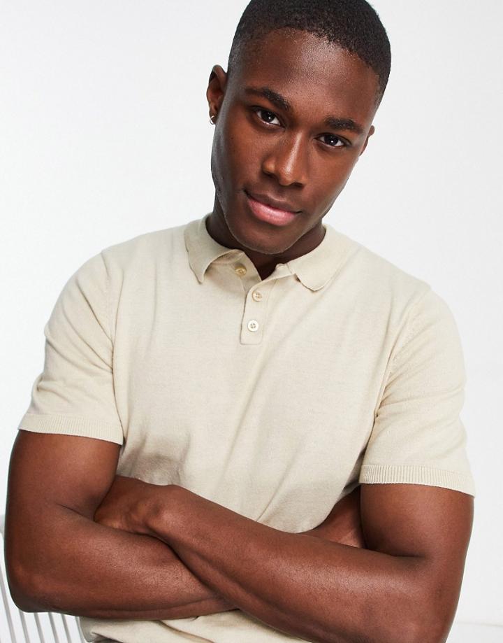 Asos Design Knit Polo Shirt In Oatmeal-neutral
