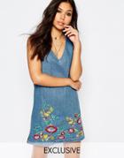 Liquor & Poker Deep V Denim Shift Dress With Embroidered Hem - Blue