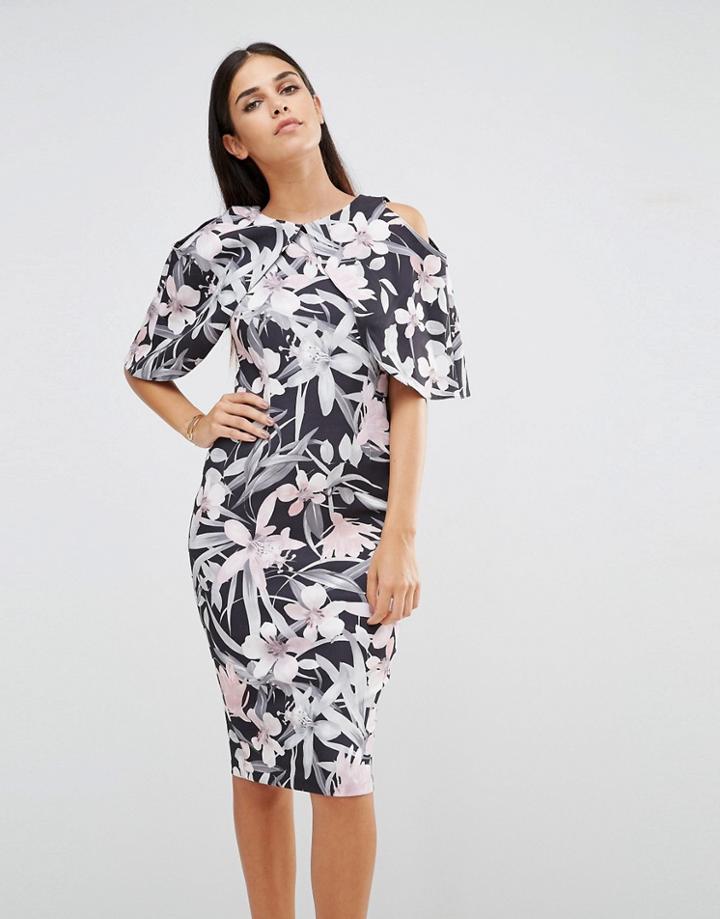 Vesper Cape Sleeve Tropical Print Pencil Dress - Multi