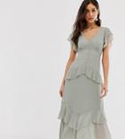 Warehouse Tiered Maxi Dress With Ruffles In Gray - Gray