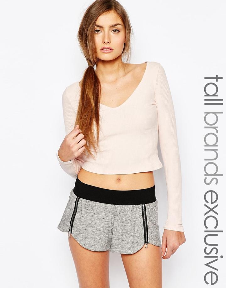 One Day Tall Long Sleeve Rib V Neck Crop Top - Pink