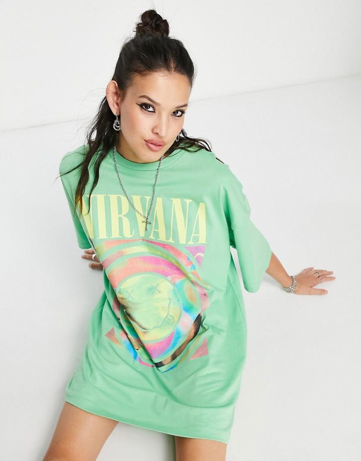 Asos Design Oversized T-shirt Dress With Nirvana Print In Green