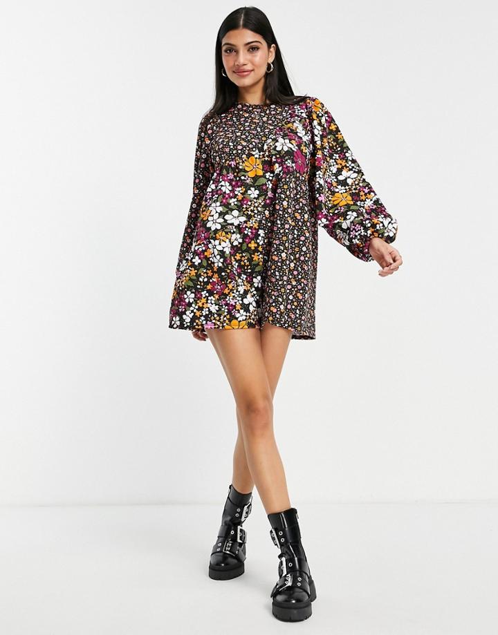 Asos Design Textured Long Sleeve Smock Romper In Mixed Print-multi