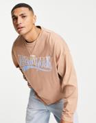 Asos Design Oversized Long Sleeve T-shirt In Beige With New York City Print-neutral