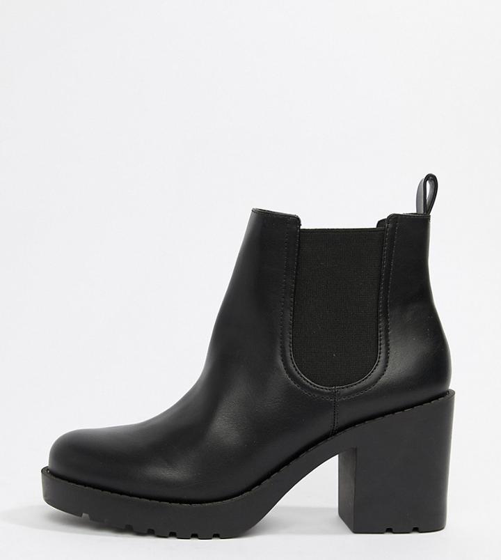 Monki Faux Leather Cleated Sole Heeled Ankle Boots In Black
