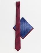Asos Design Slim Tie In Burgundy With Grid Design Pocket Square - Multi