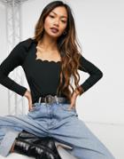 Vero Moda Top With Scallop Trim In Black