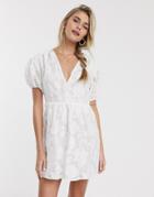 Skylar Rose Tea Dress With Fitted Waist In Textured Floral-white