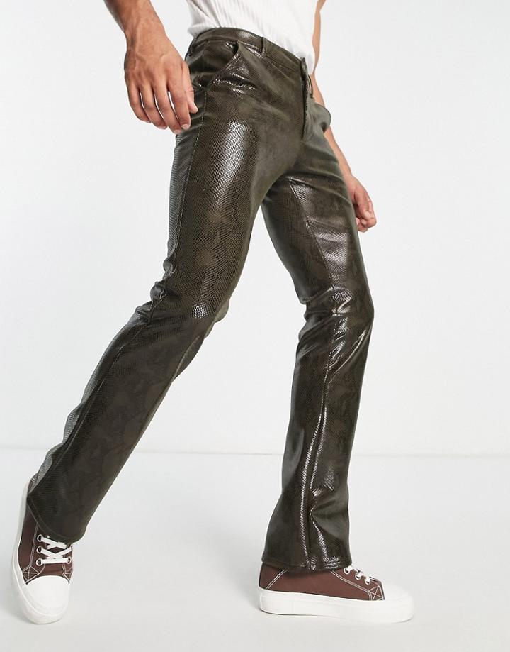 Asos Design Flared Pants In Faux Leather Snake Effect-brown