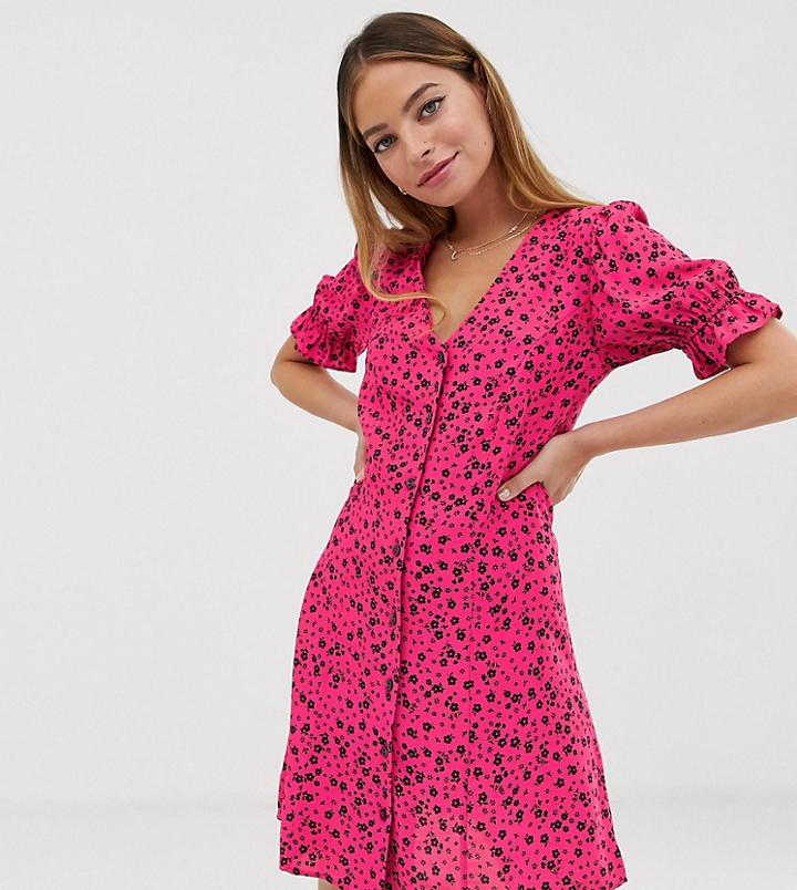 New Look Petite Ditsy Floral Button Throuh Tea Dress In Pink