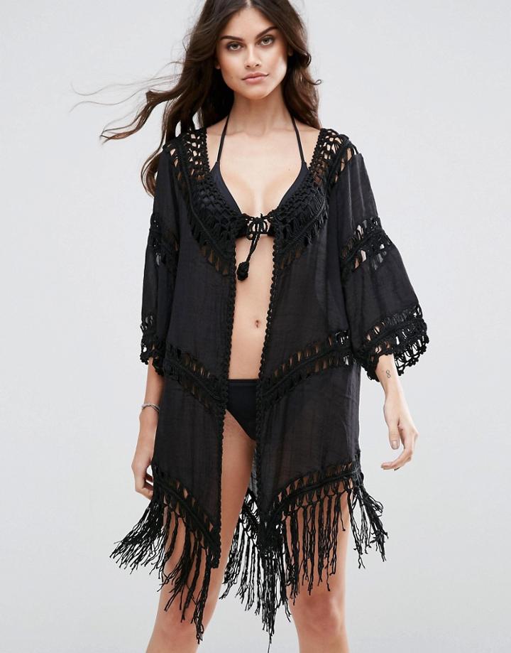Liquorish Laddered Beach Caftan In Black - Black