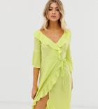 Outrageous Fortune One Shoulder Ruffle Wrap Midi Dress With Fluted Sleeve In Lime-green