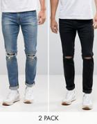 Asos Skinny Jeans 2 Pack In Black With Knee Rips & Mid Blue With Knee