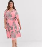 Glamorous Curve Midi Tea Dress With Tie Waist In Palm Print-pink