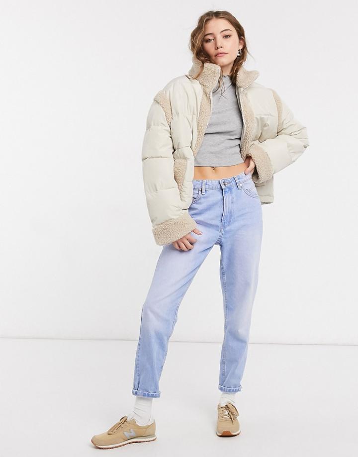 Asos Design Shearling Panelled Puffer Jacket In Cream-white