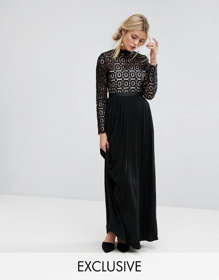 Little Mistress Premium Lace Pleated Maxi Dress - Black