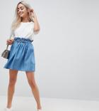 Asos Design Petite Denim Paperbag Skirt In Midwash Blue - Blue