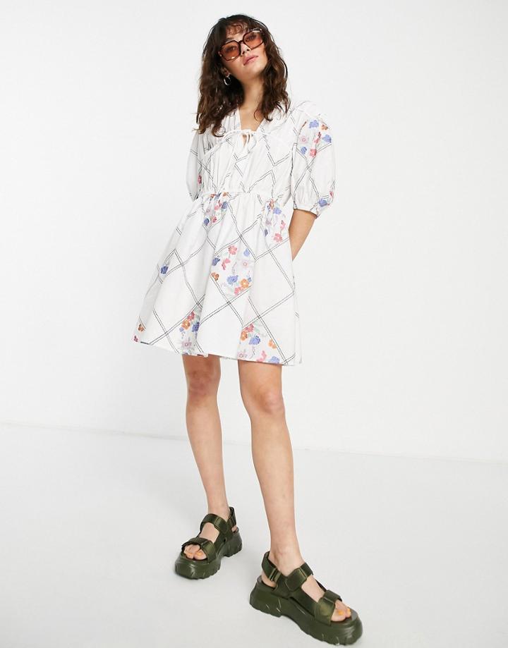 Asos Design Tie Front Mini Smock Dress In Patchwork Floral Embroidery In White
