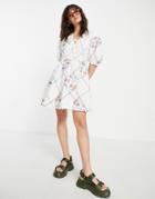 Asos Design Tie Front Mini Smock Dress In Patchwork Floral Embroidery In White