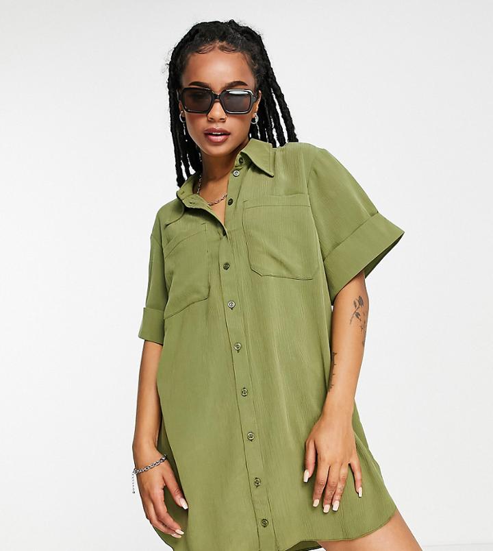 Topshop Petite Plisse Mini Shirt Dress In Green