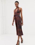 New Look Halterneck Jumpsuit In Snake Print - Brown
