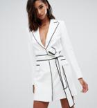Missguided Peace & Love Tie Waist Tux Dress With Contrast Binding In White - Multi