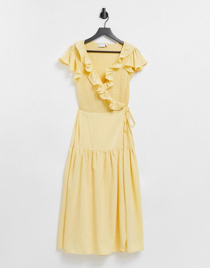 Asos Design Shirred Bodice Wrap Midi Dress In Yellow